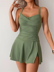 Solid Two Pieces Swimsuit 2026 Women Ruched Tankini Beach Dress Swimwear With Shorts Female Bathers Bathing Swimming Suit Summer