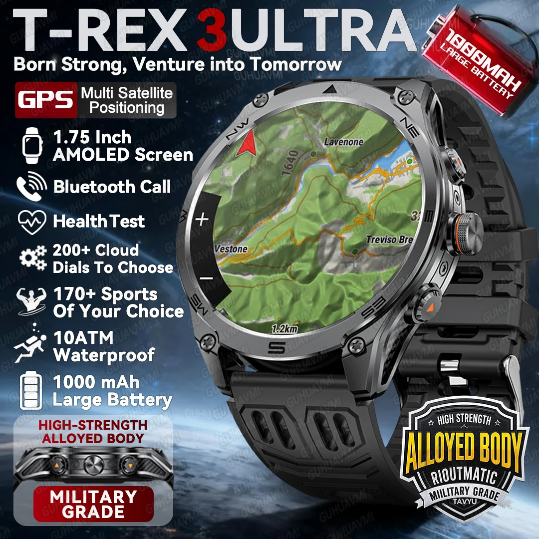 

2025 Новые оригинальные часы T-Rex3 Смарт-часы Мужские AMOLED-фонарики 1000 мАч Батарея 10 АТМ Водонепроницаемые умные часы для фитнеса и треков