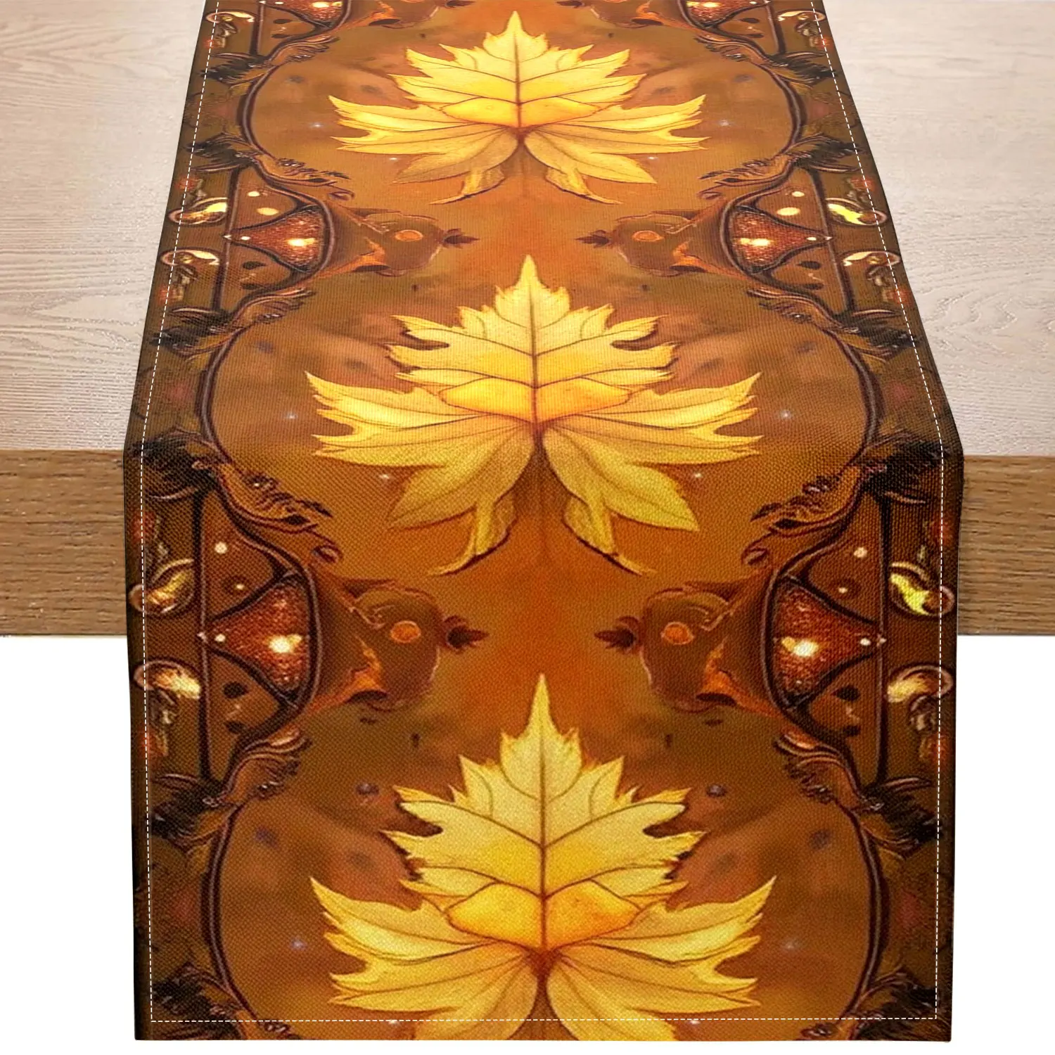 

1Pc Gold Autumn Leaves Theme Table Runner with Gold Leaves, Spots, Style Patterns, Fit for Harvest Party, Home Decor, Photography Backdrop Scene.