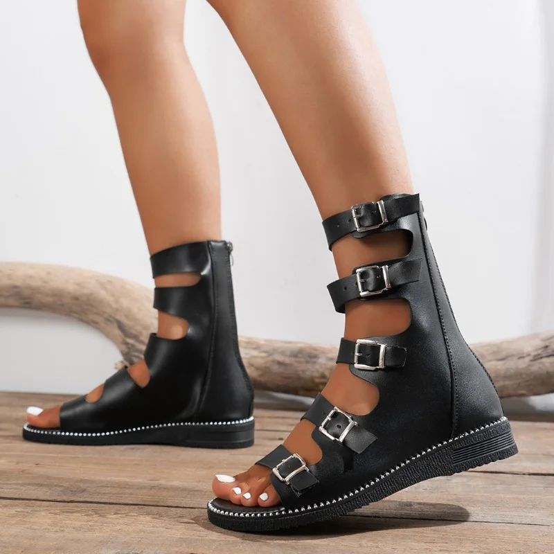 Sandalias de Punta abierta para mujer, zapatos de gladiador planos con cremallera trasera romana, informales para exteriores, novedad de verano