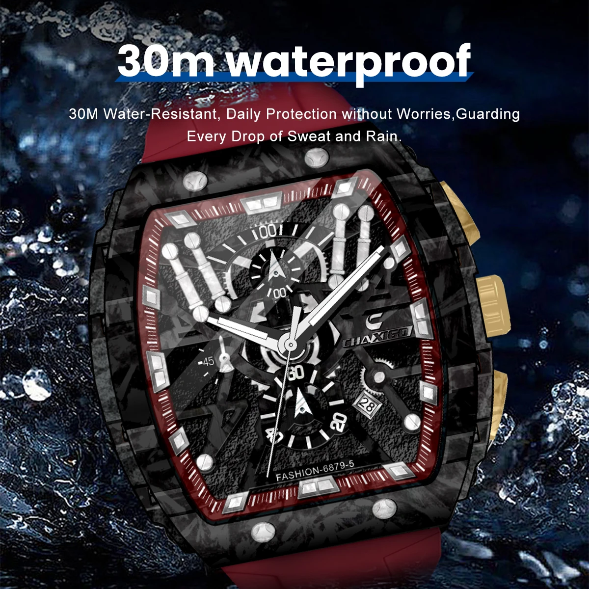 CHAXIGO Men's Sports Silicone Strap Watch, 46mm Orange Luminous, 30m Waterproof Quartz Watch