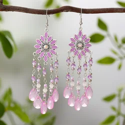 Bohemian Vacation Style Water Drop Tassel Earrings for Women Vintage Long Drop Oil Flower Crystal Bead Dangle Earring Jewelry