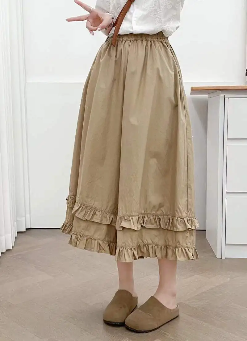 Japanese Sweet Mori Girl Solid Color Ruffled Hem Wide Leg Pants Women Summer New Elastic Waist Casual Loose Calf Length Pants