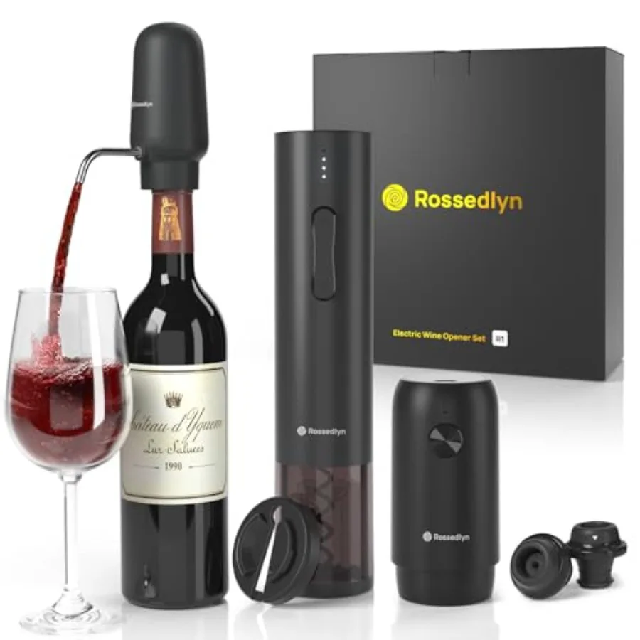 

Rechargeable Electric Wine Opener Gift Set - Aerator Bottle Opener Foil Cutter Wine Vacuum Pump and Stoppers for Home Bar Outdo