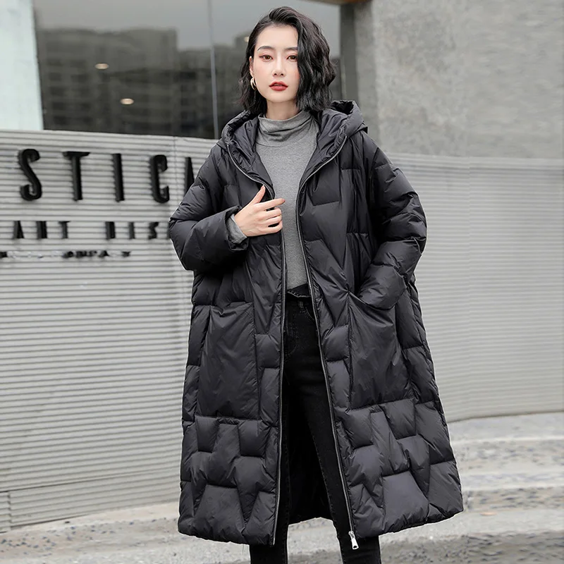 Zimowy długi płaszcz puchowy Oversize Moda damska Ciepłe kurtki z kapturem Jesień Casual Black Parkas