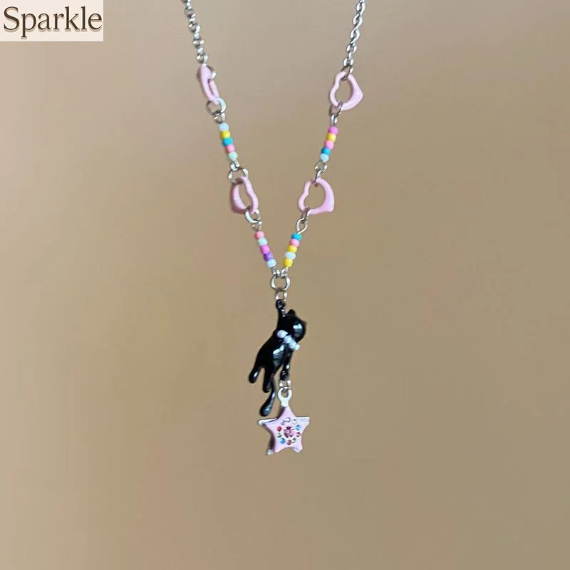 

Y2K Black Cat Holding Pink Star Necklace for Women Sweet Cute Versatile Daily Accessory Perfect Jewelry Gift for Fashion Lovers