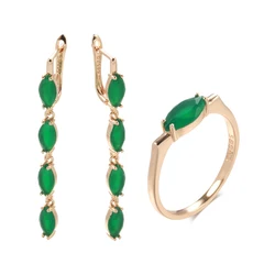 Luxury Emerald Green Zircon Long Tassel Dangle Earrings Ring Set For Woman 585 Rose Gold Fashion Jewelry Party Wedding Set Gift