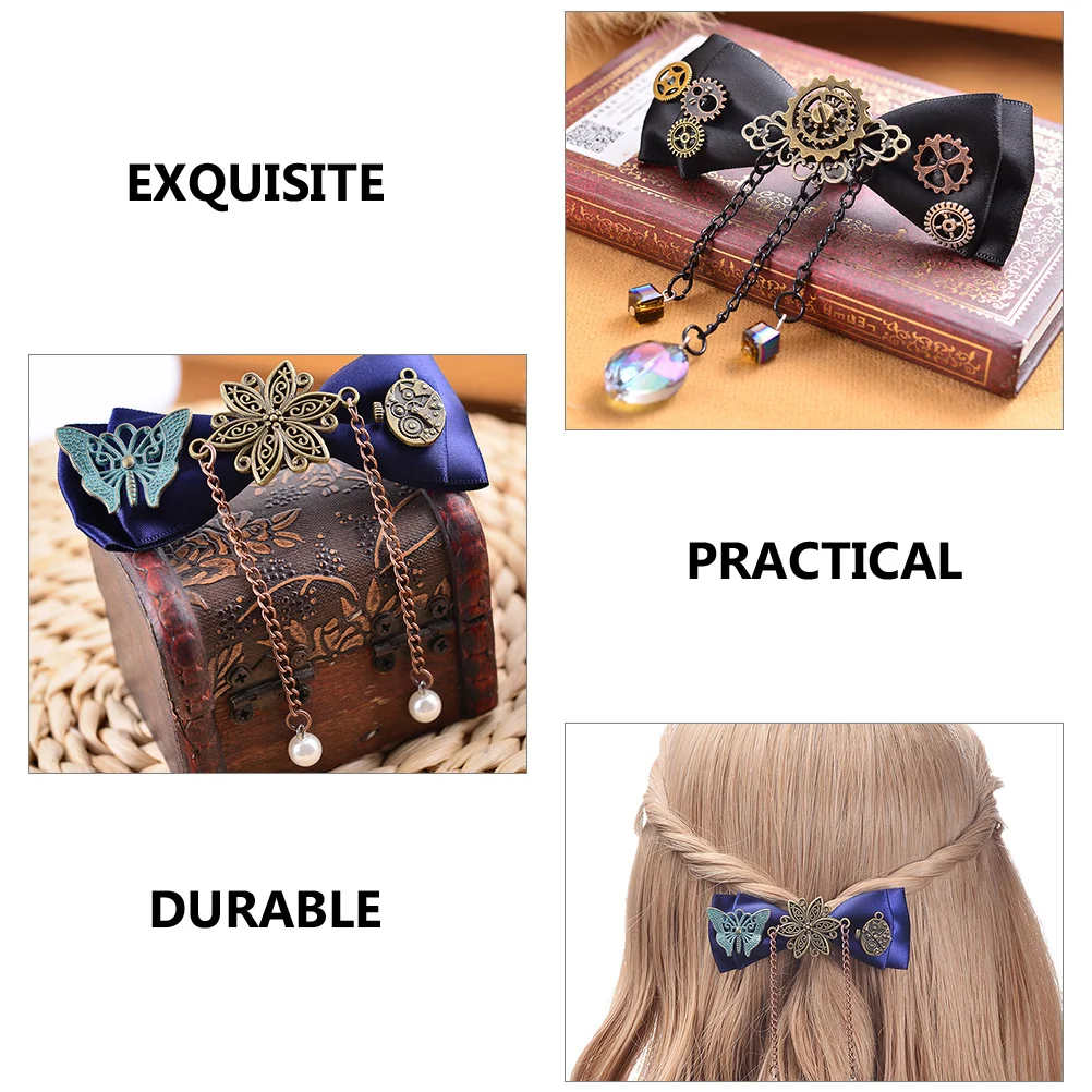 

2pcs Steampunk Gear Hair Clips Vintage Bowknot Barrette Decorative Accessories For Women Durable Lightweight Wedding Party