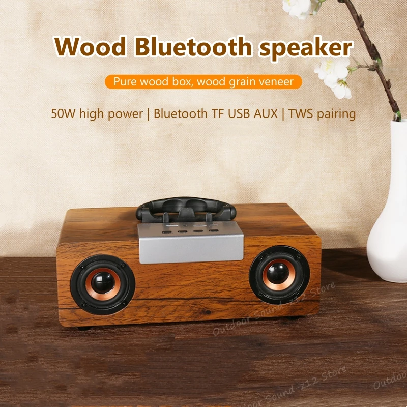 Retro Bluetooth Speaker 2.1CH Stereo Sound Portable Wooden Wireless Speakers 50W Powerful Bass TWS Stereo Pairing Loud Boombox