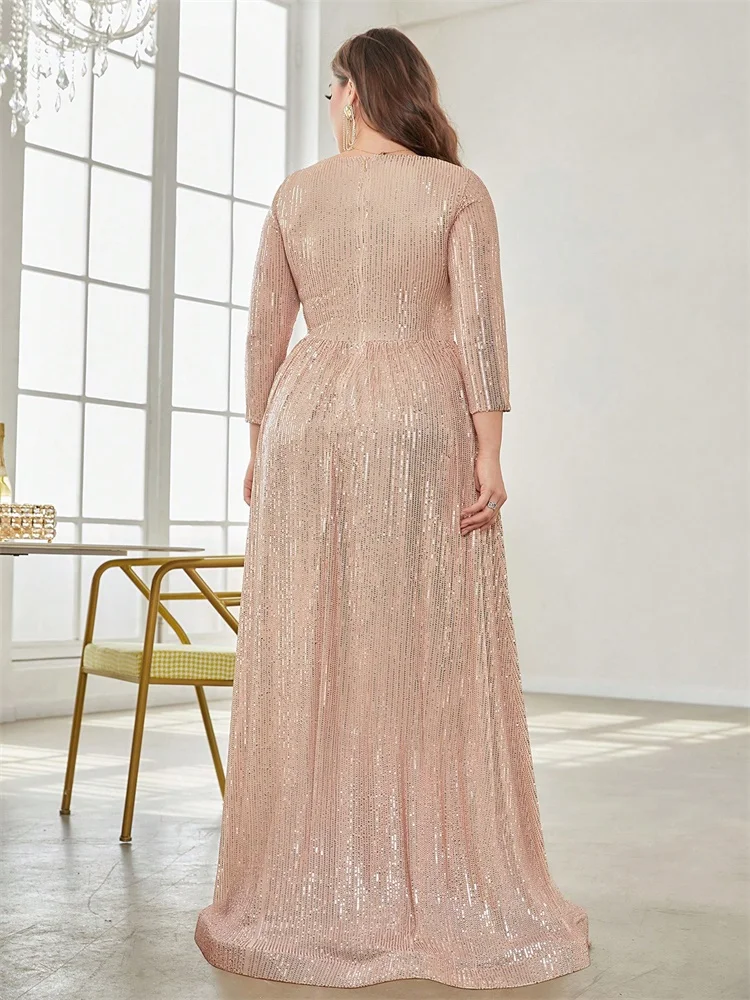 Plus Size Luxury V-Neck Long Sleeves Sequins Evening Dresses Elegant Women Wedding Party Prom Maxi Cocktail Gowns