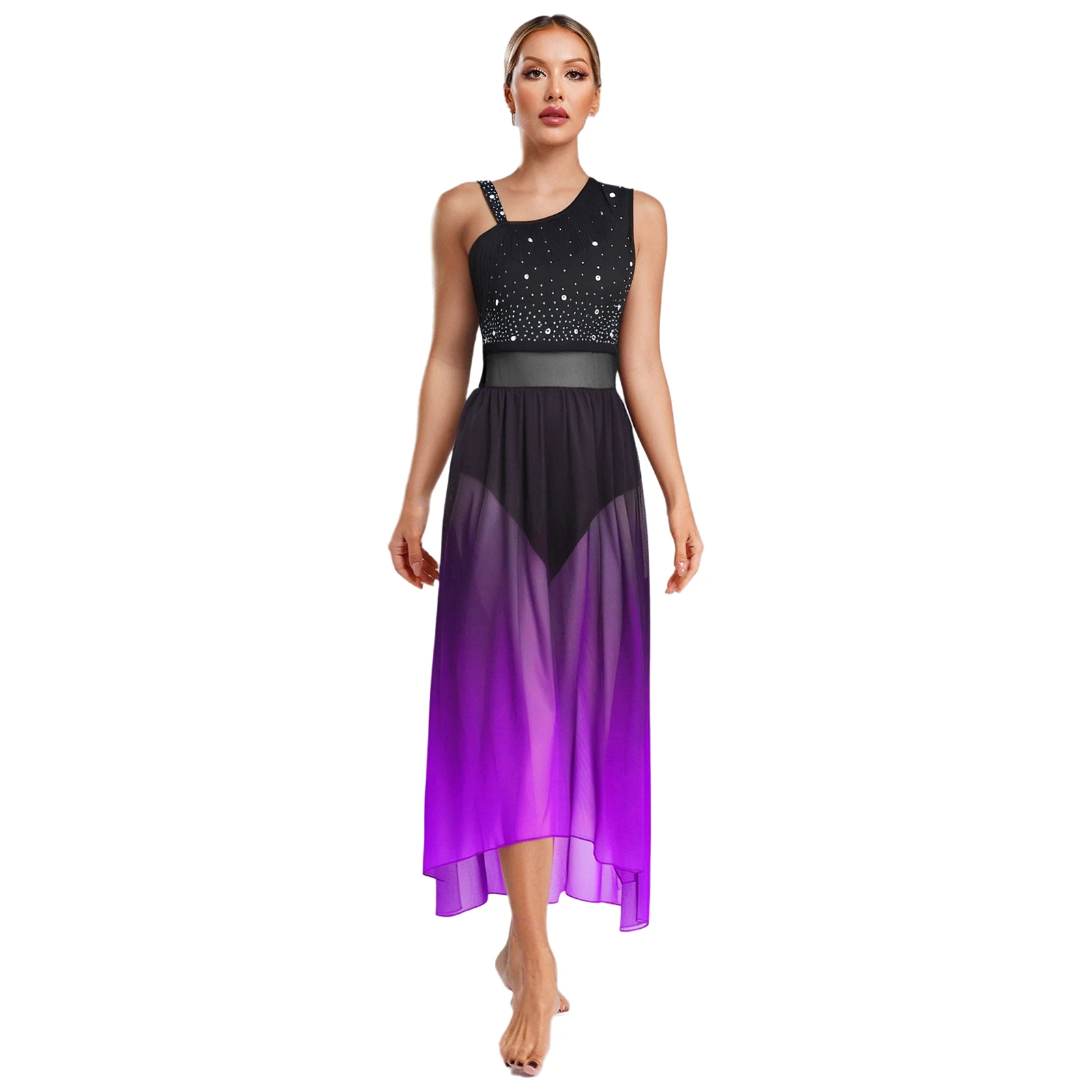 

Womens Glamorous Sparkle Dancewear Sparkling Rhinestone Asymmetrical Straps Tassel Dress for Lyrical Dance Performances Parties