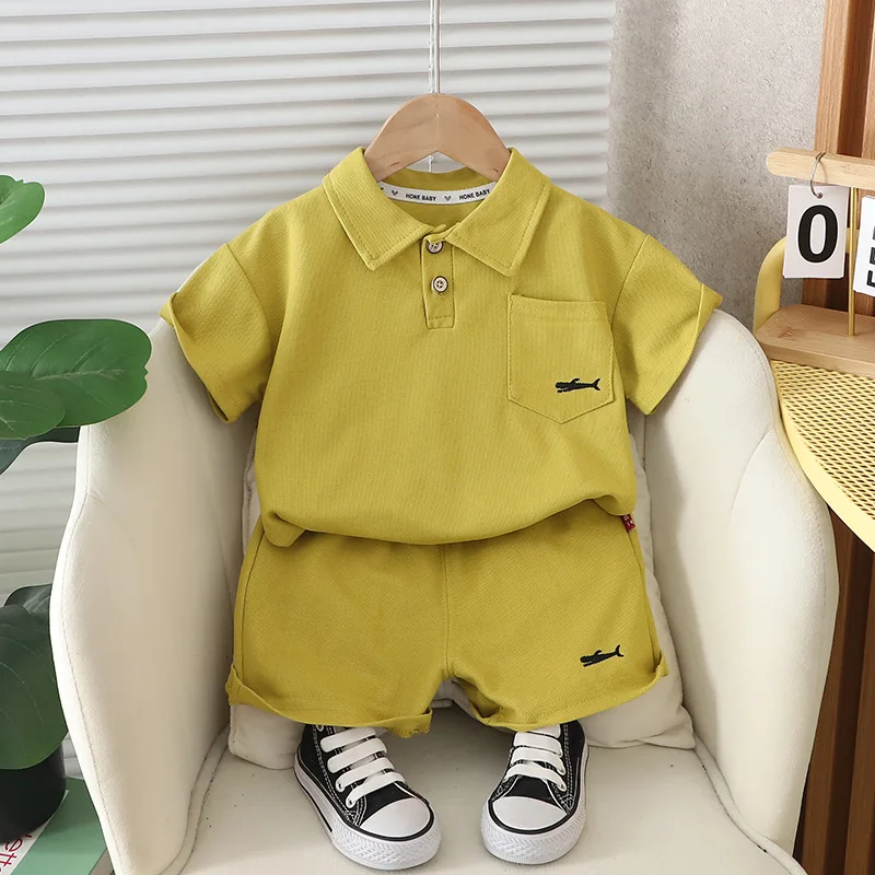 2024 Baby Summer Clothes for Kids Boy Embroidered Whale Flip Collar Short Sleeve T-shirts and Shorts Boys Boutique Outfit Set