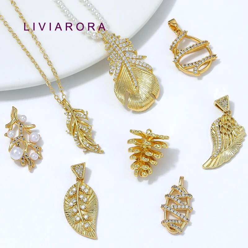 1Pc 18K Gold Plated Brass Feather Leaf Pine Cone Branch Pendant Pearl CZ Textured Botanical Boho Charms For Jewelry Making