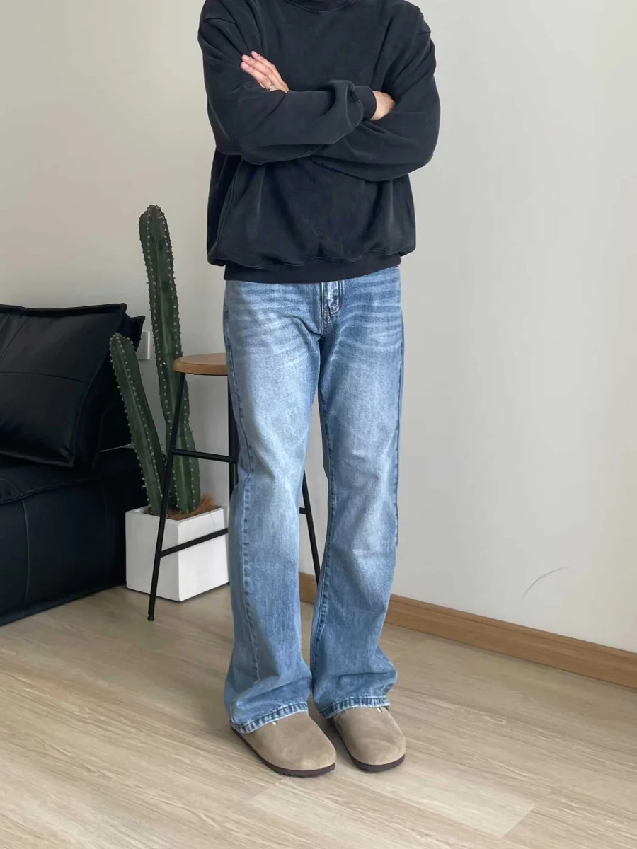 Retro Amerikaans lichtblauw waed distred slim fit herenjeans hoge taille lange broek met rechte pijpen vrijetijdskleding alle seizoenen