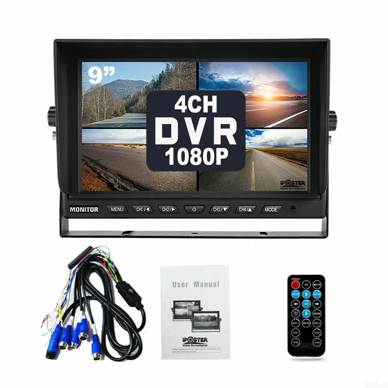 Factory Supply IPoster 9in AHD IPS Quad Split Loop Recording Built in DVR  with CVBS AHD CCD Reverse Camera KIT