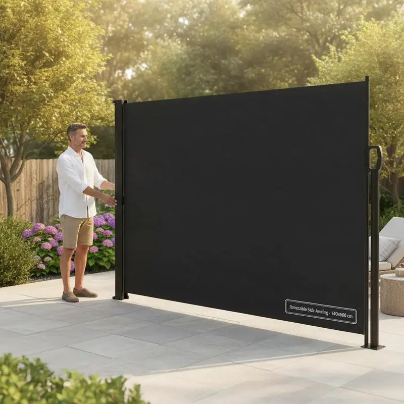 Auvent latéral rétractable noir 140×600 cm, toile polyester enduite PU imperméable et anti-UV, structure en acier-aluminium robuste. Il s'enroule automatiquement pour offrir intimité et protection solaire sur la terrasse et le balcon. Accessoires de fixation fournis, a