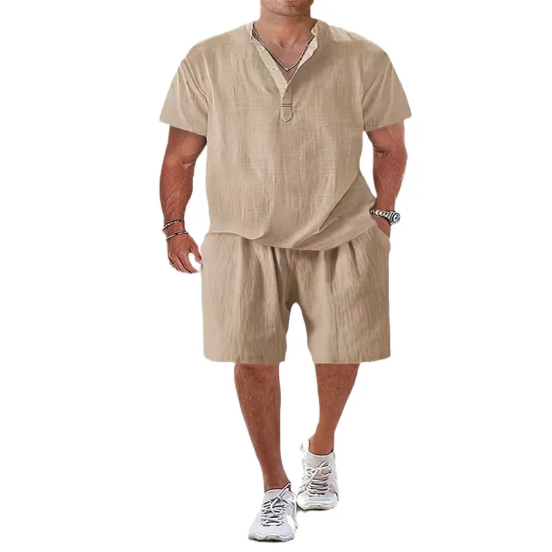 Fashion Men Sets Mens Solid Color Summer Stand Collar Linen Outfits Short Sleeve Polo Shirt+Shorts Two Pieces Men Casual Suit