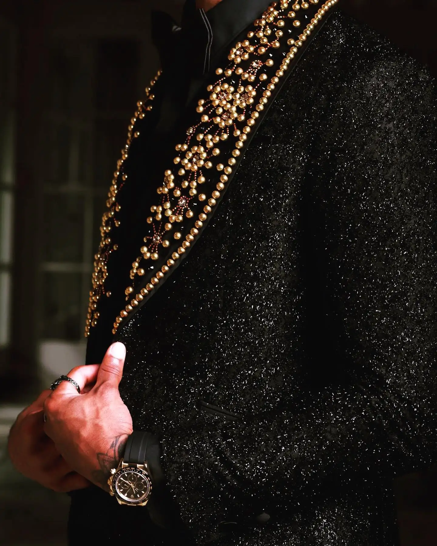 Men's Suits Tailored 3 Pieces Blazer Vest Pants One Button Sheer Lapel Sequins Wedding Pearls Beads Formal Custom Made Plus Size