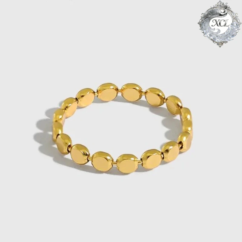 

XCL S925 Sterling Silver Open Ring Korean INS Retro Niche Geometric Flat Round Bead Ring Cool Punk Wedding Finger Ring for Women
