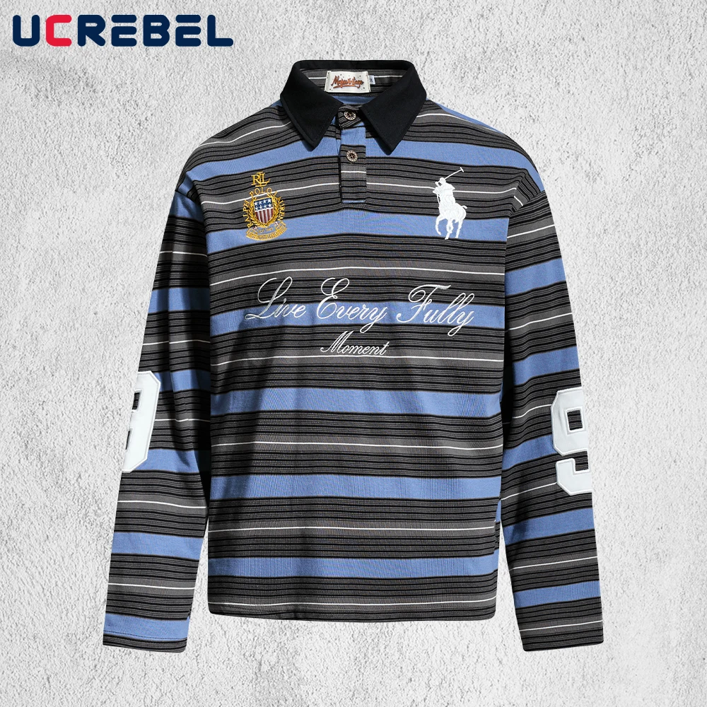 Horizontal Striped Polo Shirts Mens Autumn Retro Letter Embroidery Long Sleeve Loose Cotton Tee Man
