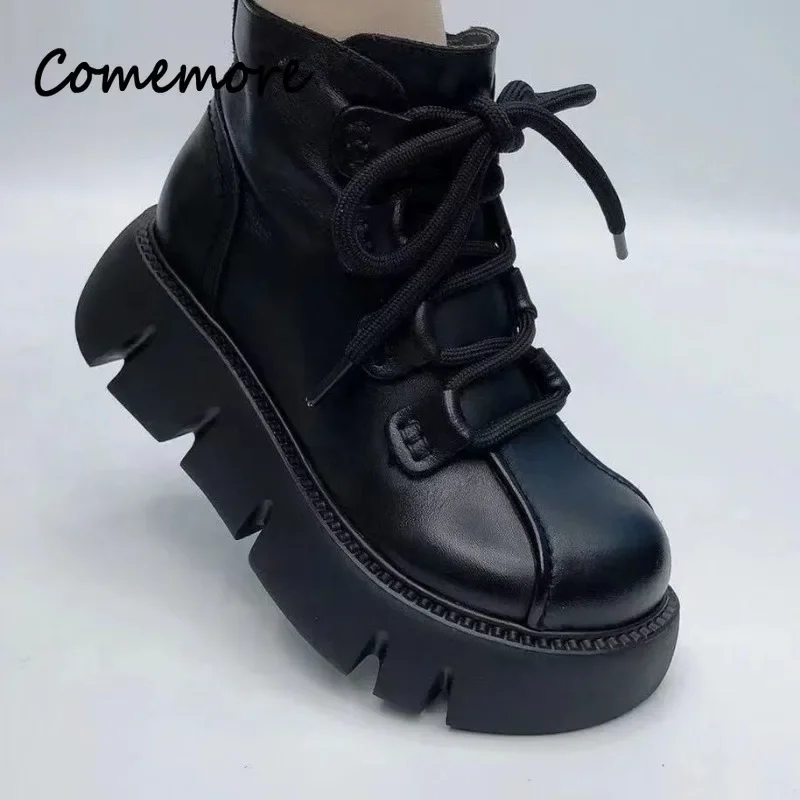 Comemore Platform Heel Round Toe Winter Shoes Woman Ankle Fashion Short Boot Retro 2023 Women\'s New Lace Up Elegant Women Boots