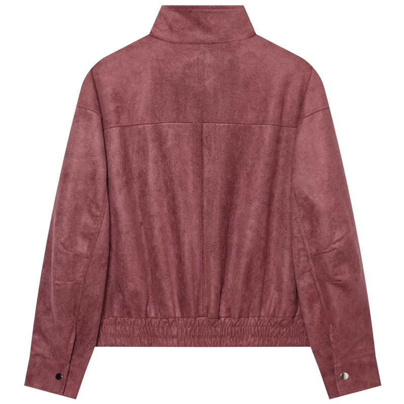 HXAO Damen-Bomberjacke aus Kunstwildleder in Burgunderrot, Herbst, lässig, Oversized, mit Reißverschluss, Stehkragen, langärmelig, schicke Oberbekleidung – Detail 5