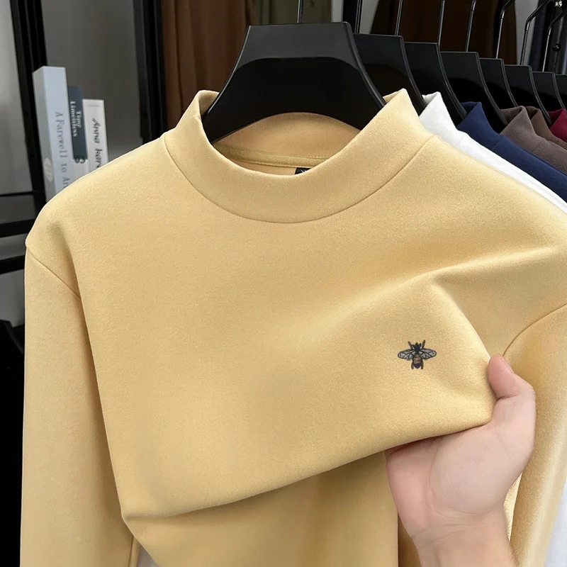 Luxury Man Brand Spring Long Sleeves T-Shirt Mock Neck Velvet Fleece Embroidery Hoodie Fashion Leisure Innerwear Men's Clothing