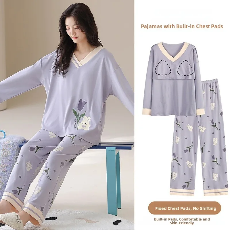 

Корейский стиль: домашний костюм из чистого хлопка с длинными рукавами, с подушечками для груди, повседневный, больших размеров, милый женский комплект для дома