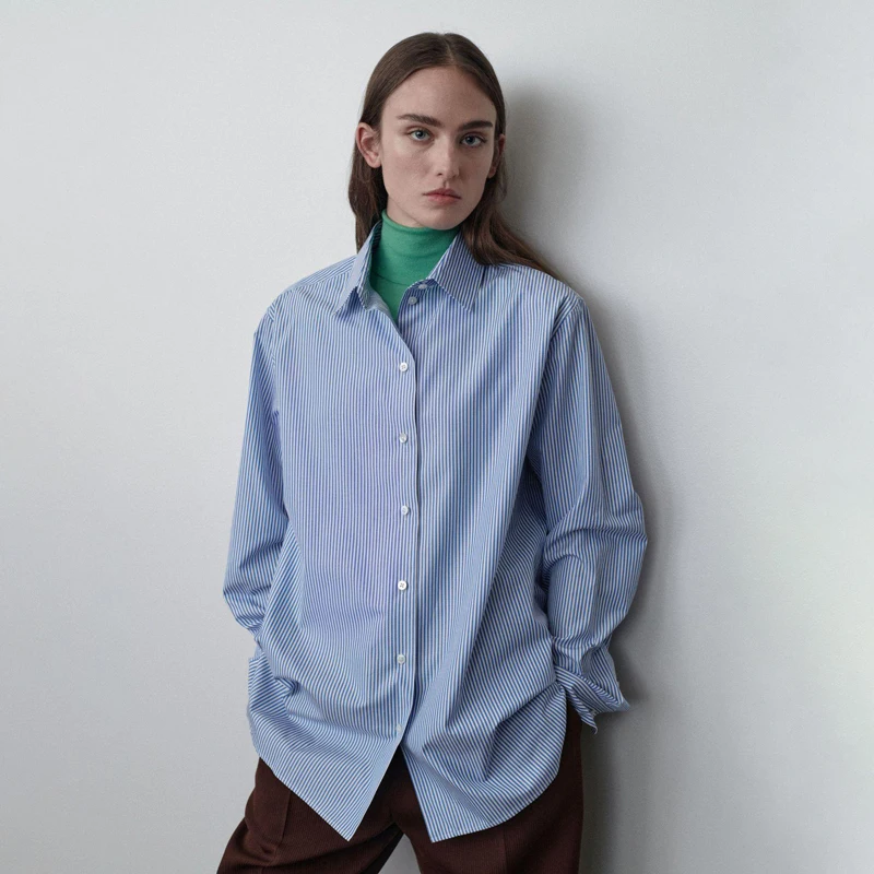 

Классическая женская рубашка свободного кроя из хлопка с длинным рукавом и отложным воротником, в полоску, для повседневной носки, премиум-класса, весна 2025