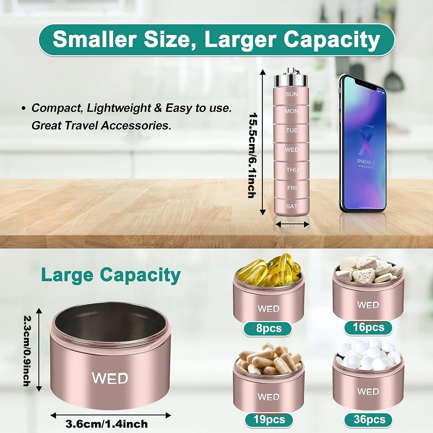 Metal Travel Pill Organizer Weekly Cute 7 Day Pill Box 7 Compartments for Portable Daily Travel Bottle Medication Container