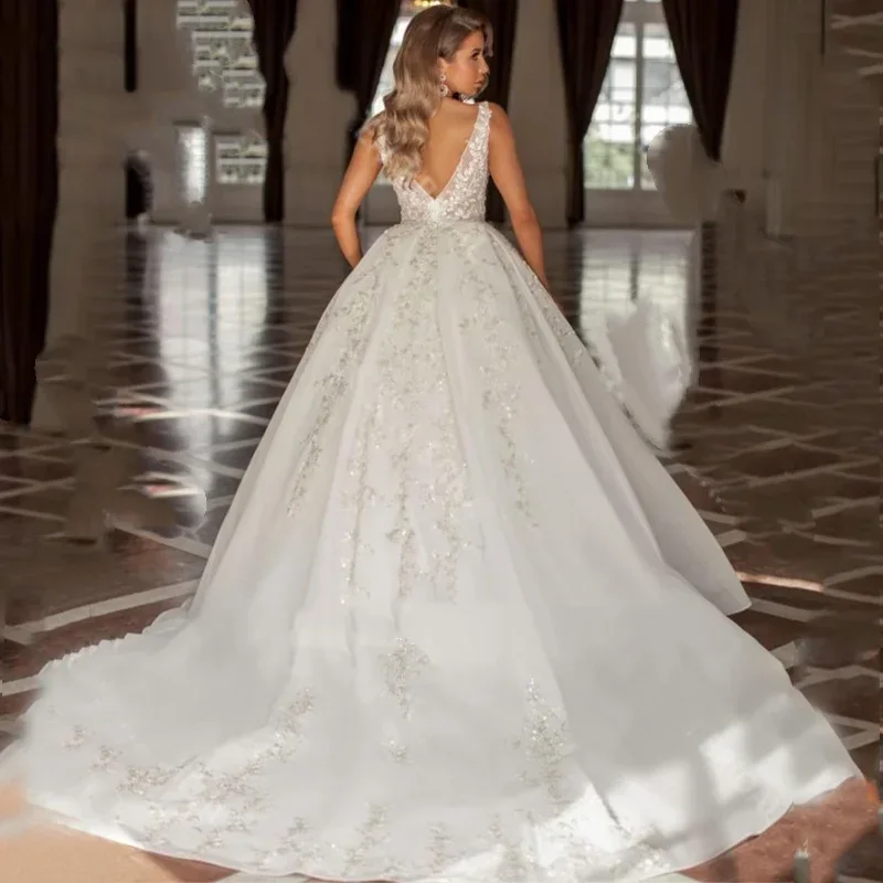Свадебные платья трапециевидной формы из органзы с длинными рукавами по индивидуальному заказу, свадебное платье с иллюзией и аппликацией из бисера, со шлейфом, Vestidos De Novia