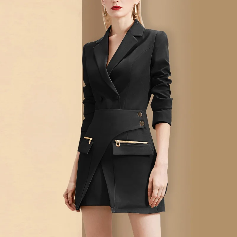 Trajes de falda negros para mujer, vestido de graduación, Blazer largo, chaqueta informal Formal elegante con bolsillo, vestido de fiesta corto Irregular, en Stock