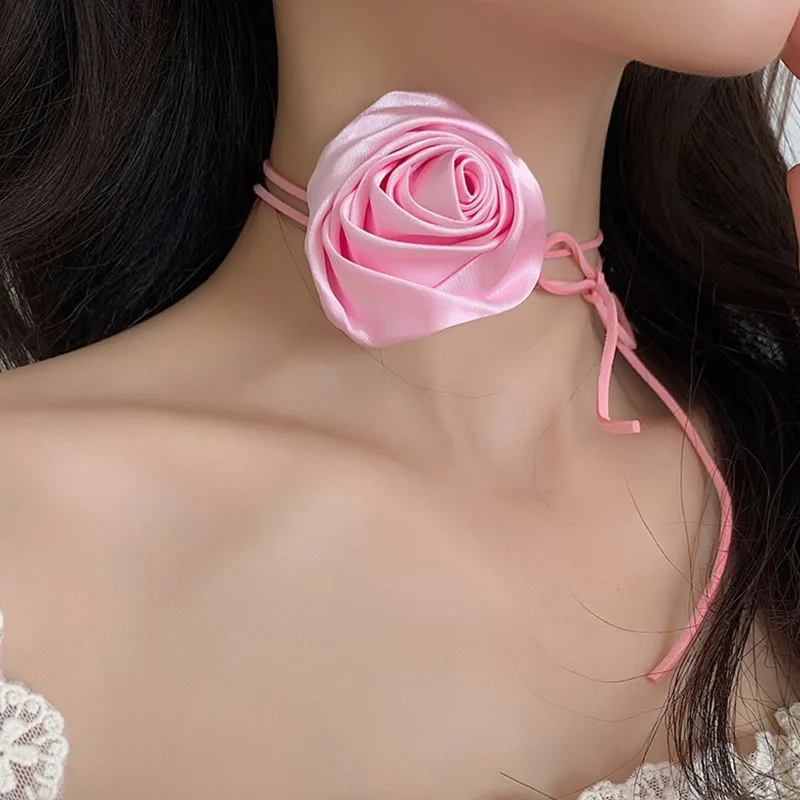 

Satin Romantic Rose Neacklace Women Adjustable Solid Bowknot Rope Choker Neck Party Wedding Elegant Flower Jewelry On The Neck