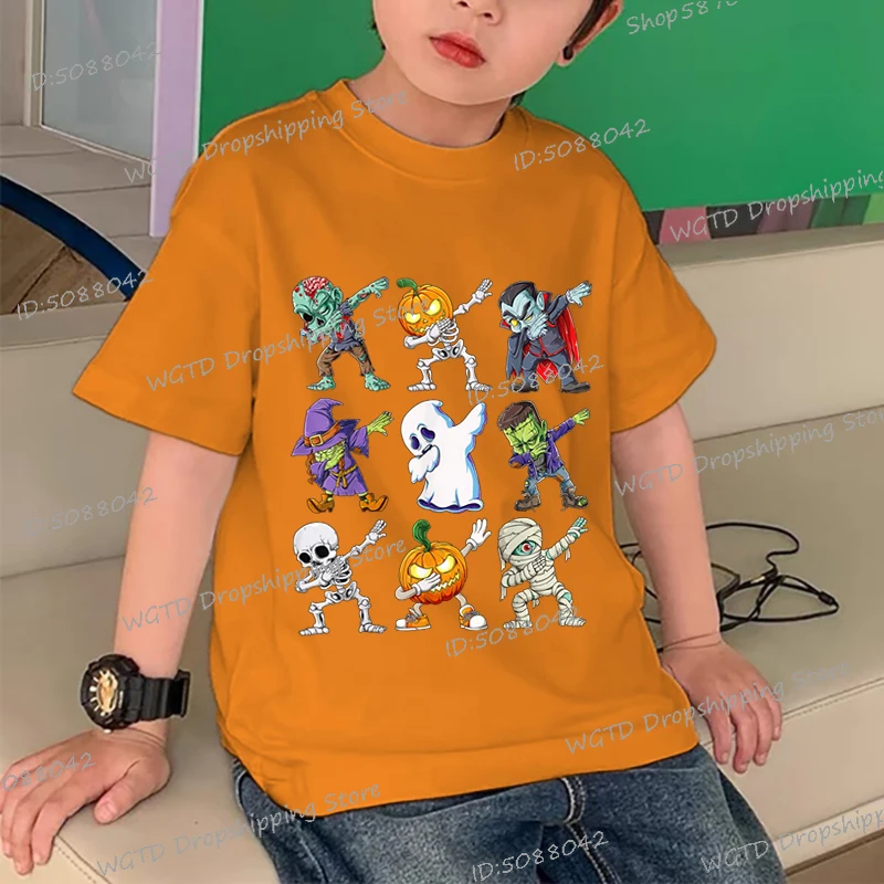

Print Cartoon Skeleton Zombie Pumpkin Monster Dabbing T-shirt Boys Girls Halloween Cotton Tshirts Short Sleeve Halloween T Shirt