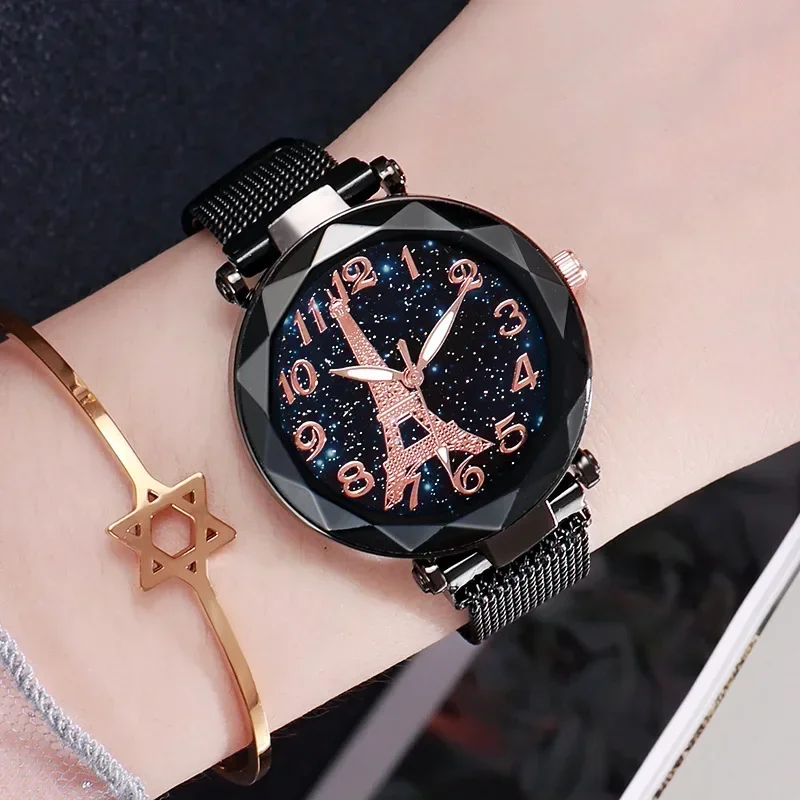 Quartz Wristwatches Ladies Dress Party Watch Relógio Feminino Gifts Eiffel Tower Watch for Women Simple Luxury Mesh Steel Belt