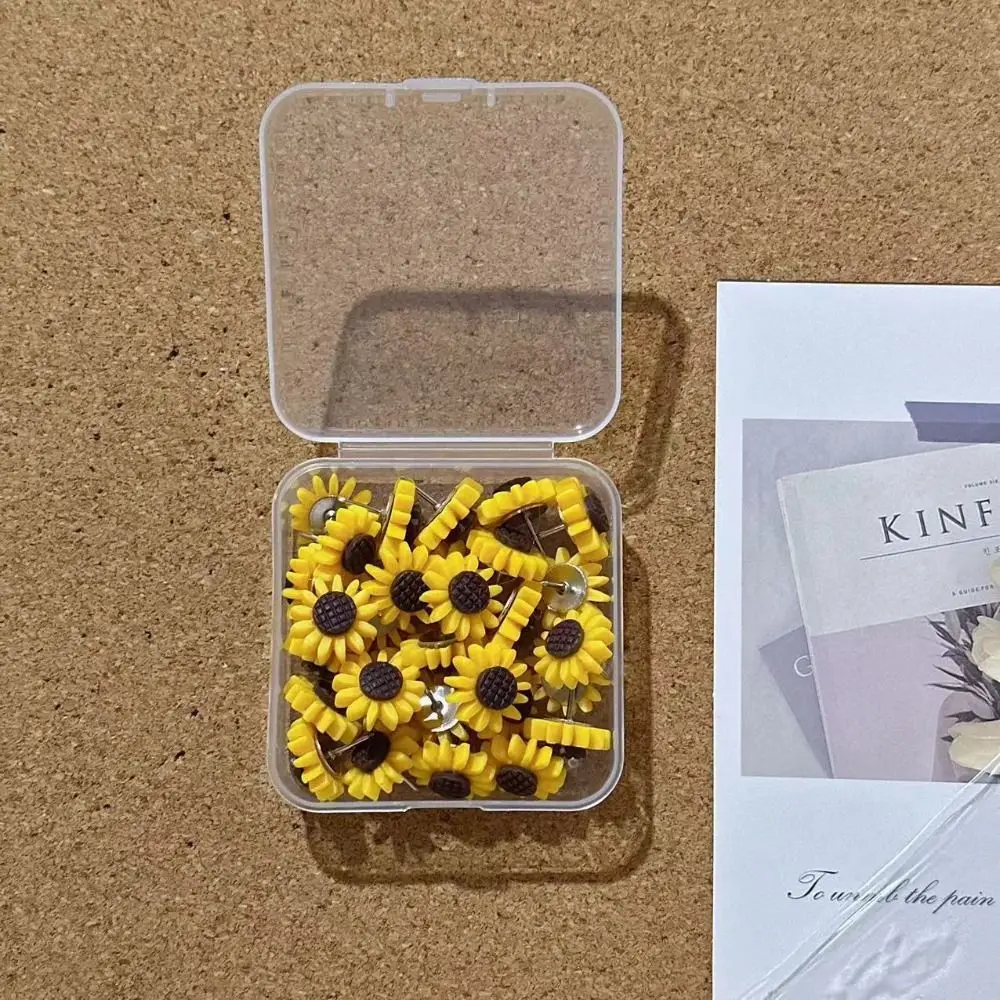 Chinchetas creativas de girasol para decoración del hogar, tablero reutilizable artesanal, Pin de empuje bonito con caja, papelería, 10/20/30/40/50 Uds.