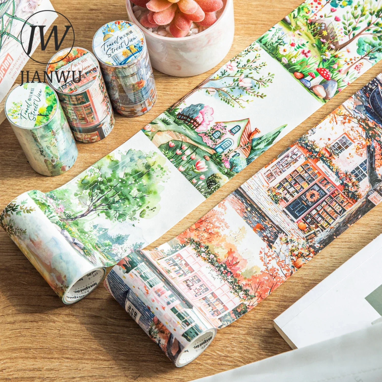 JIANWU 80mm*200cm Road View Series Vintage Travel Flower Landscape Material Collage Washi Tape Creative DIY Journal Stationery