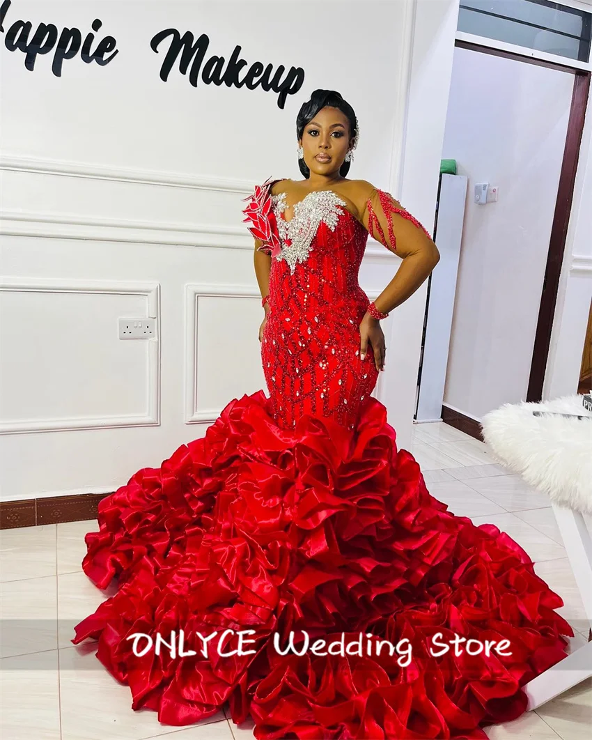 

Glitter Red Prom Dresses Luxury 2024 Party Gowns Beading Crystals Wedding Reception Ruffles Tiered Birthday Gown Vestidos