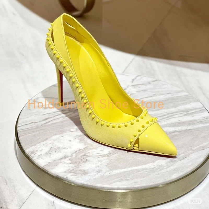 

Novelty Hollow Leather Stitching Rivet Design Lemon Yellow Fashion Slip On Flat Casual Shoes Black Point Toe Shallow Mouth Pumps