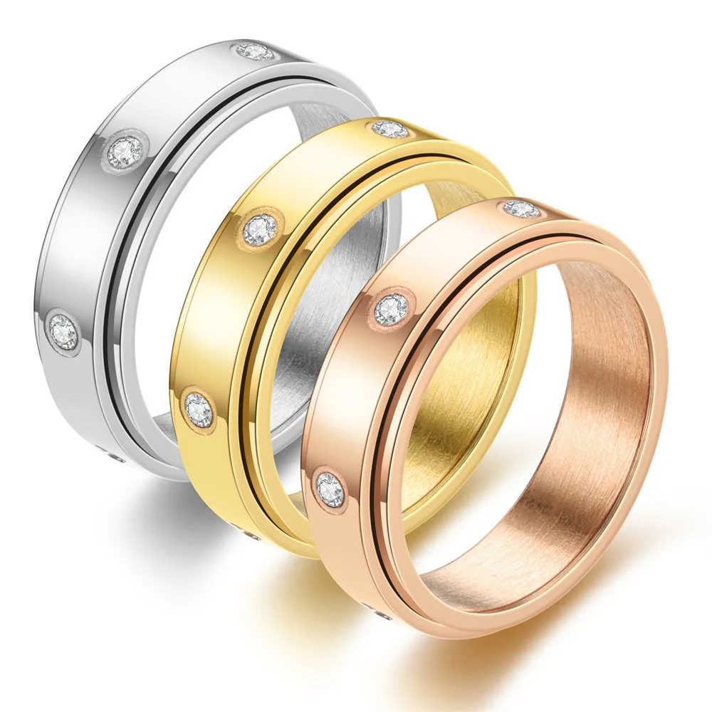 Crystal Anxiety Relief Spinning Ring For Couples Stainless Steel Rotate Freely Fidget Spinner Metal Rings Anillo Antiestres