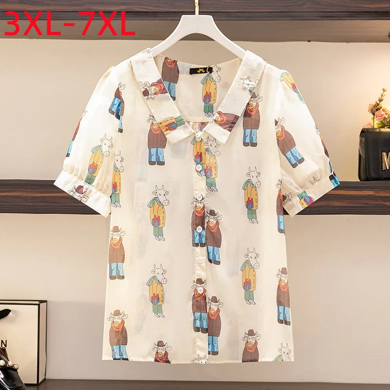 

New 2022 Ladies Summer Plus Size Tops For Women Large Blouse Short Sleeve Loose Beige Print Designer Shirt 3XL 4XL 5XL 6XL 7XL