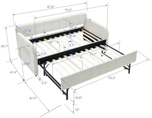 Twin to King Daybed with Trundle, USB Ports, Velvet Upholstered Daybed with Pop Up Trundle Bed, Modern Extendable Day