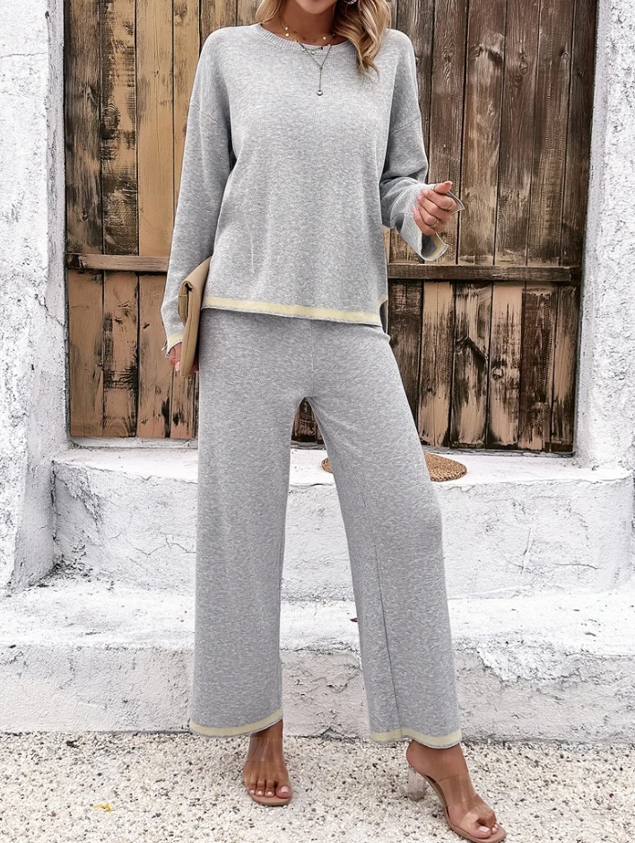 Women\'s Knitted 2 Piece Outfits Long Sleeve Sweater Pullover Tops High Waist Wide Leg Pants Sets Tracksuits Sweater Set Homewear