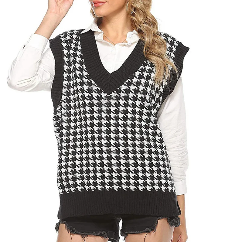 Autumn Fashion Loose Houndstooth Knitted Vest Sweater Casual V Neck Sleeveless Thick Sweater Waistcoat Chic Tops Female 17502