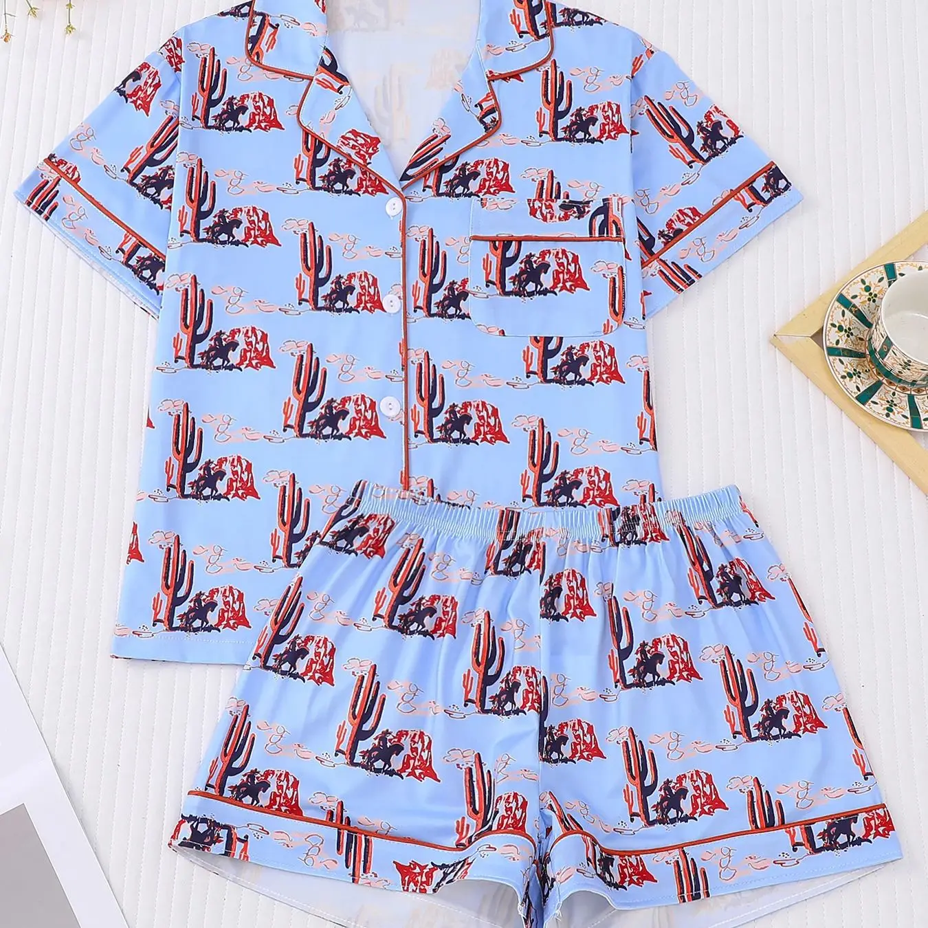 Western style denim cactus printed pajamas short sleeved shorts two-piece set for women, casual home wear, can be worn outside