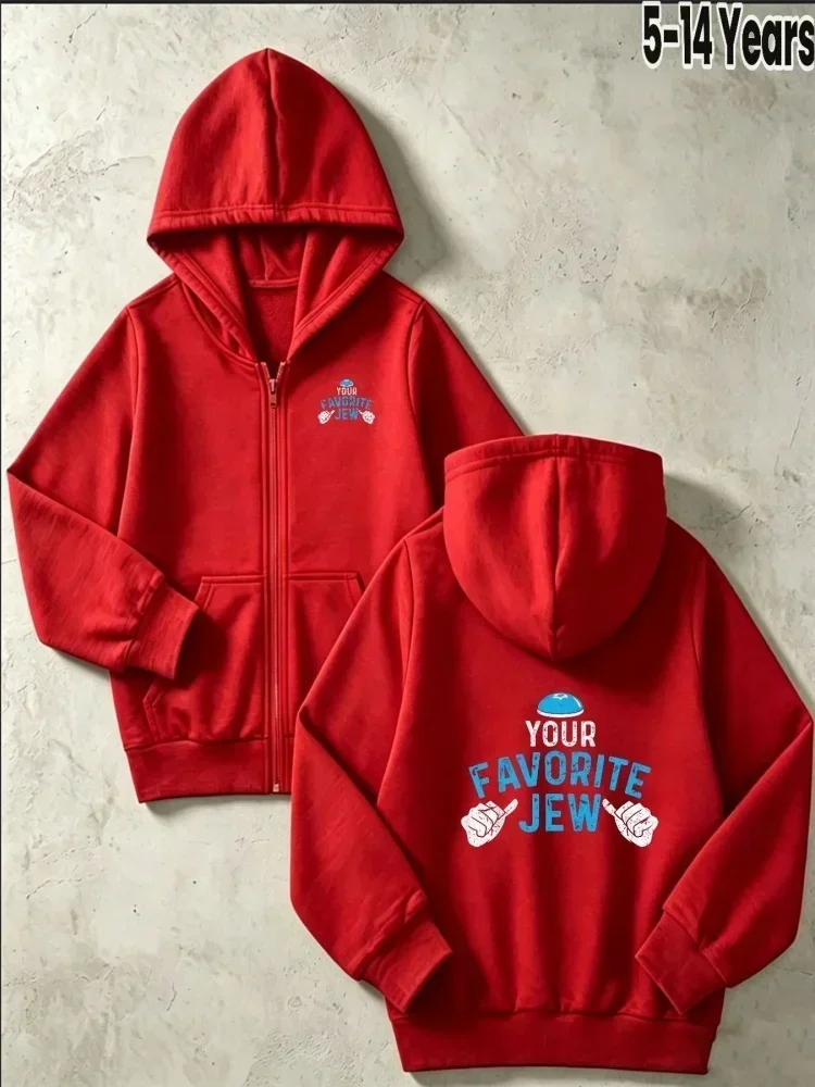 Boys Girls Zip Up Hoodie 5 To 14 Years Old Red Long Sleeve Jacket Your Favorite Jew Graphic Printed Daily Casual Kids Tops