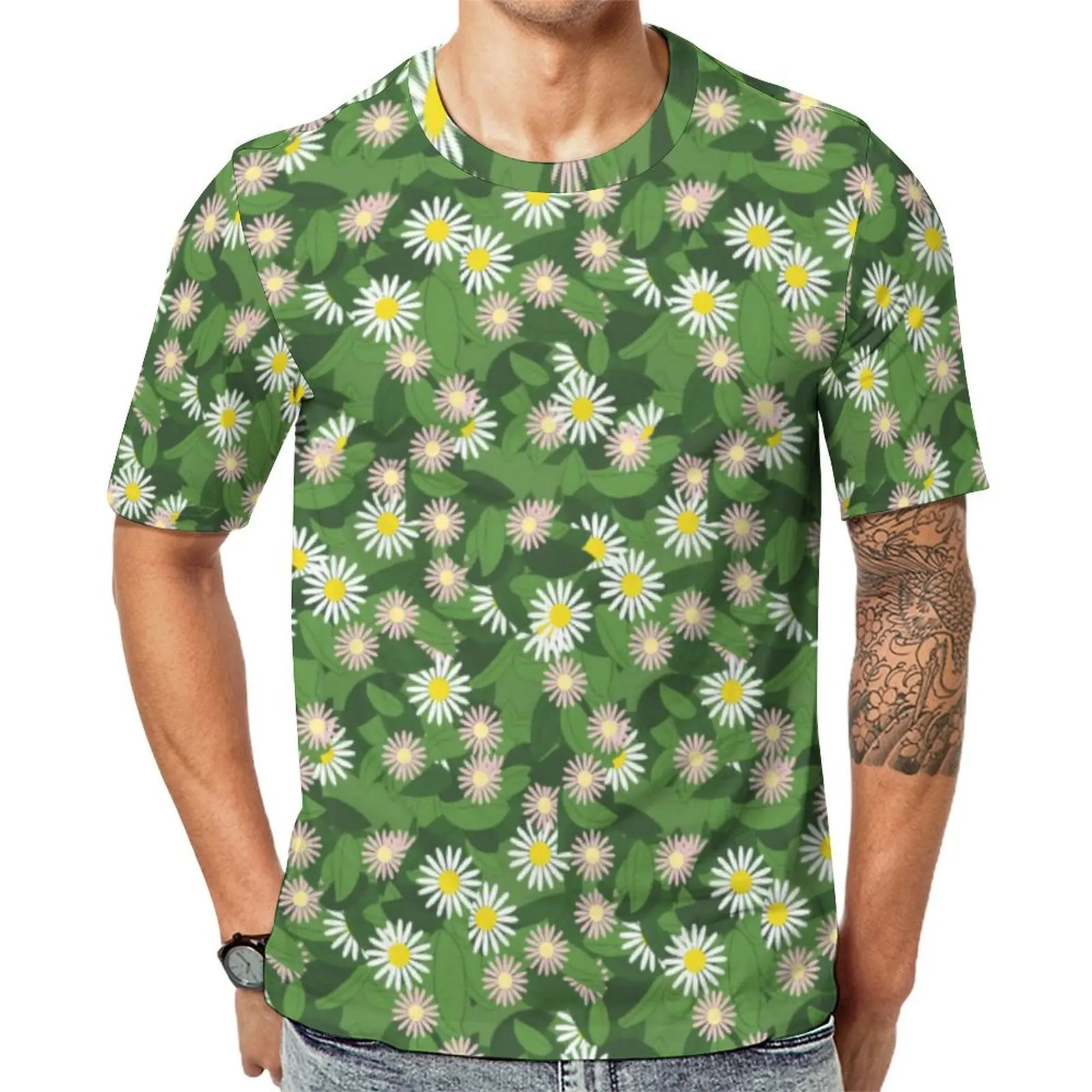 Summer T-Shirt Daisy Floral  Print T-Shirts Green Leaves Y2K Fun Hippie Tee Shirt For Couple Short Sleeves Design Oversized Tops