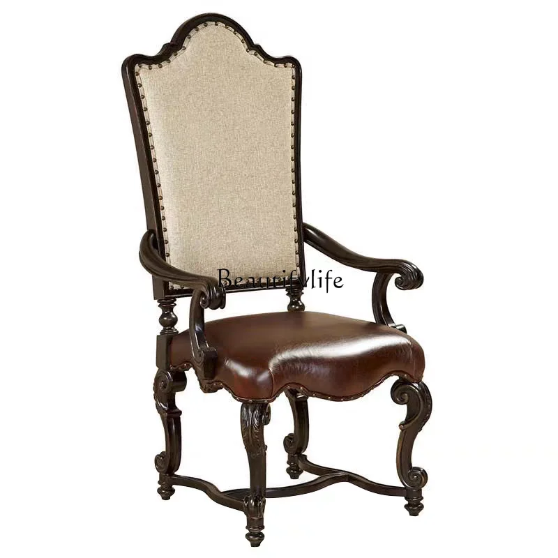 

American rural retro solid wood dining chair leather fabric high back chair study chair