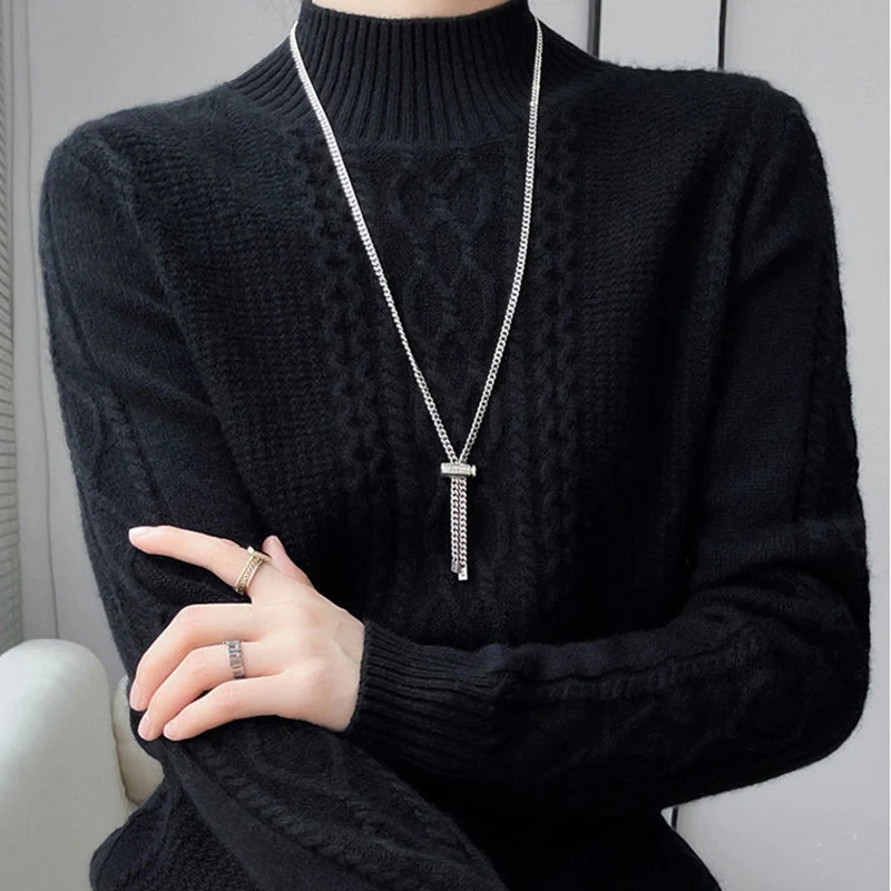 2023 Autumn Winter New Women Cashmere Sweater Fashion Casual Half High Collar Thread Slim Elegant Sweater Lady Pullover Sweater