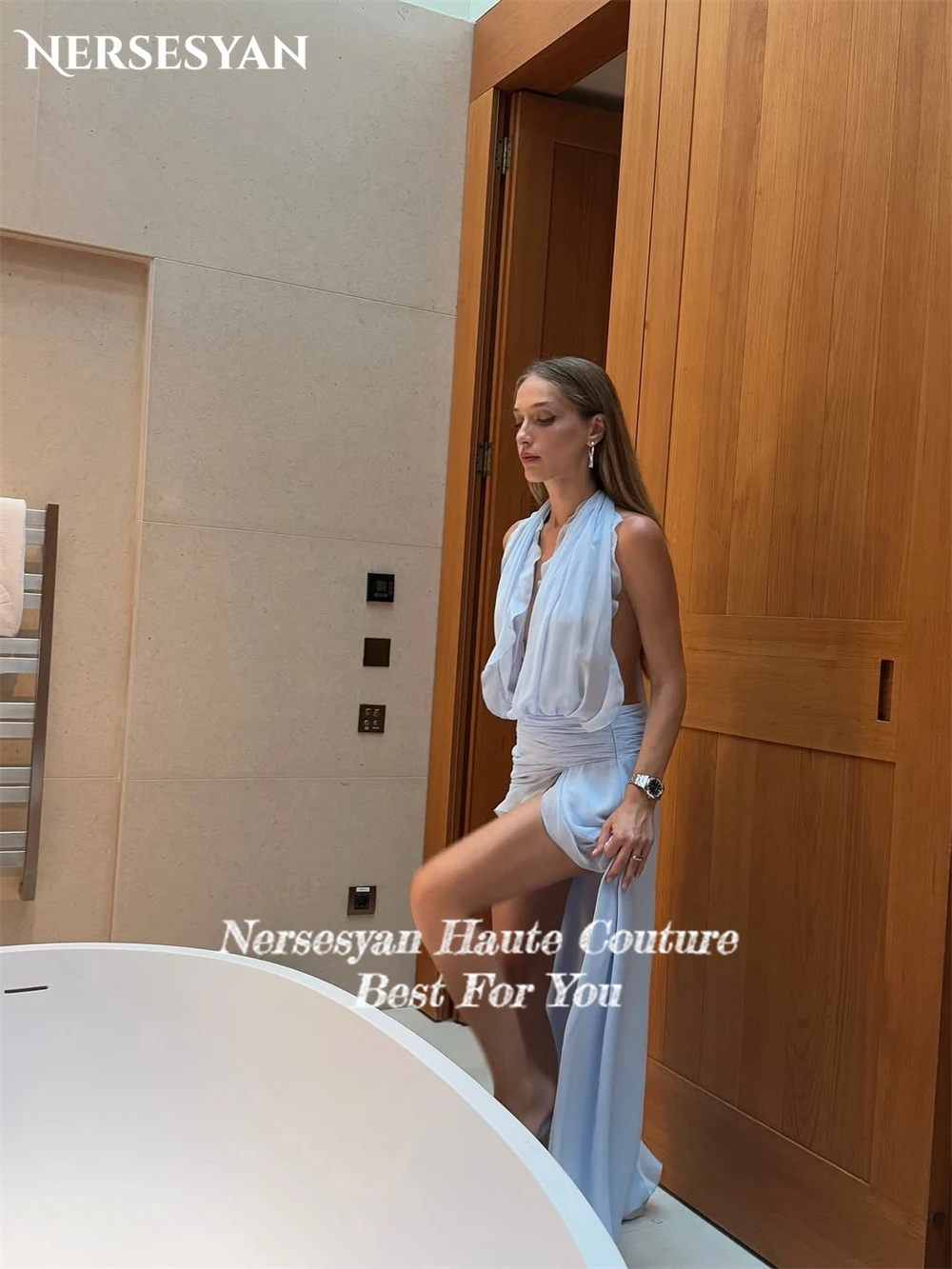 Nersesyan bleu ciel en mousseline de soie Sexy robes de bal licou côté fente volants robe de soirée formelle dos nu robes de soirée 2025 personnalisé